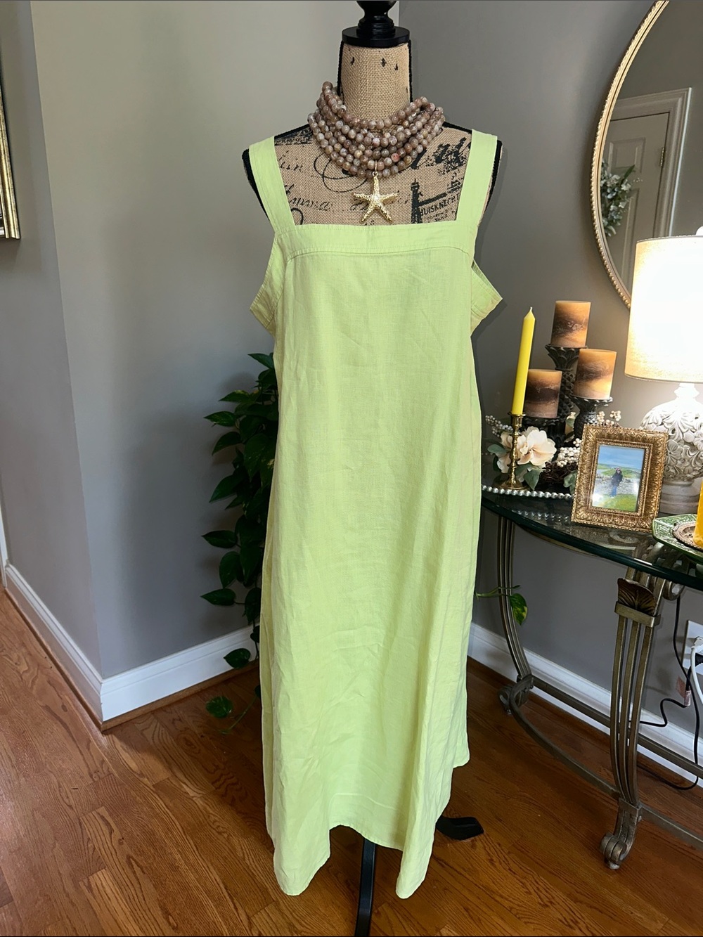 Eileen Fisher Honeydew Square-Neck 100% Linen Maxi Dress size Large EUC